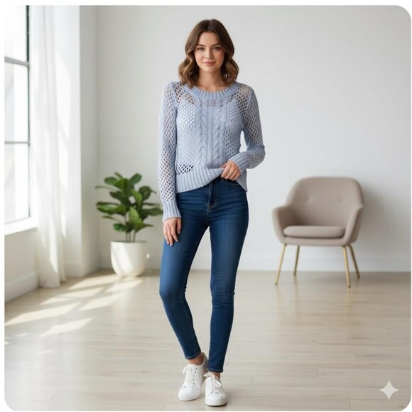 Sweater Project Sweater Womens Medium Blue Open Knit Cable Crewneck Metallic - Picture 12 of 12